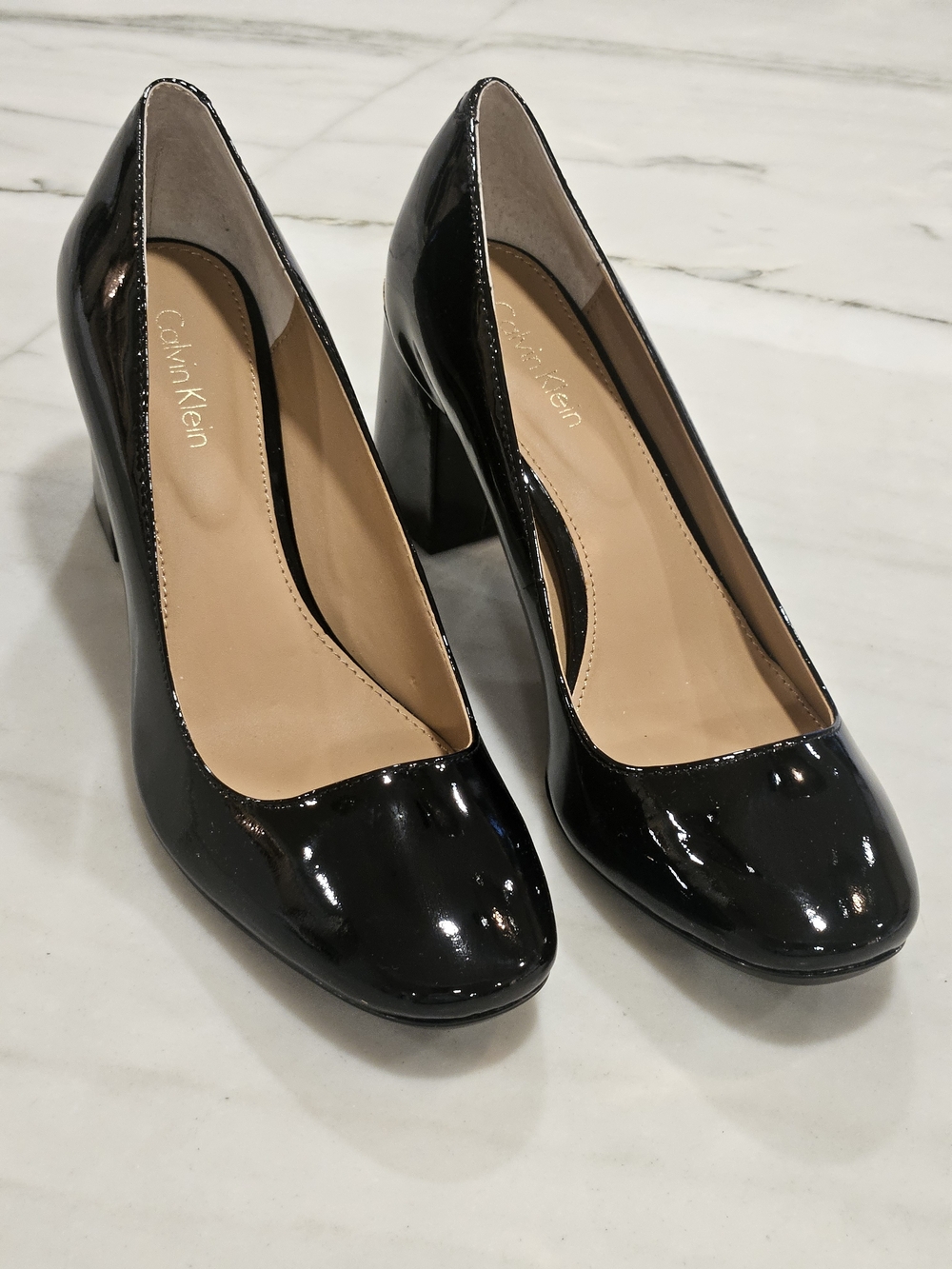 Calvin Klein Black Patent Cirilla Block Heel Pumps Round Toe Sz 6.5